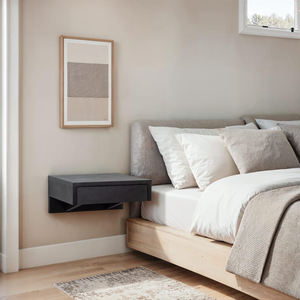 Floating Bedside Table with Drawer Solid Beech Wood for Bedroom