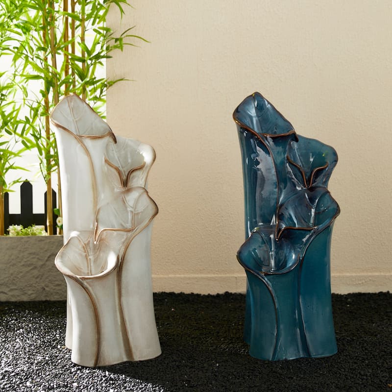 Glitzhome 31"H 4-Tiered Lotus Leaf Textured Ceramic Vase Outdoor Floor Fountain with LED