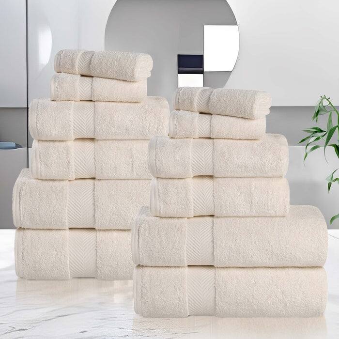 Superior Zero Twist Cotton Soft Absorbent 12 Piece Assorted Towel Set - Ivory
