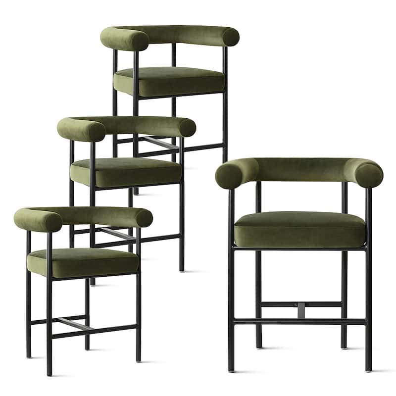 Velvet Counter Height Bar Stools with Arms, Curved Back, Metal Frame (Set of 4)