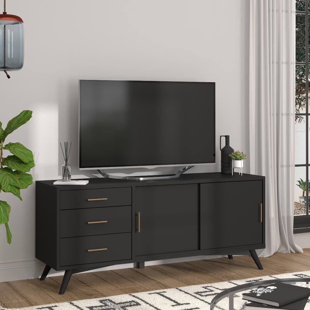 Alpine Furniture Flynn Mid Century Modern Large TV Console, Black