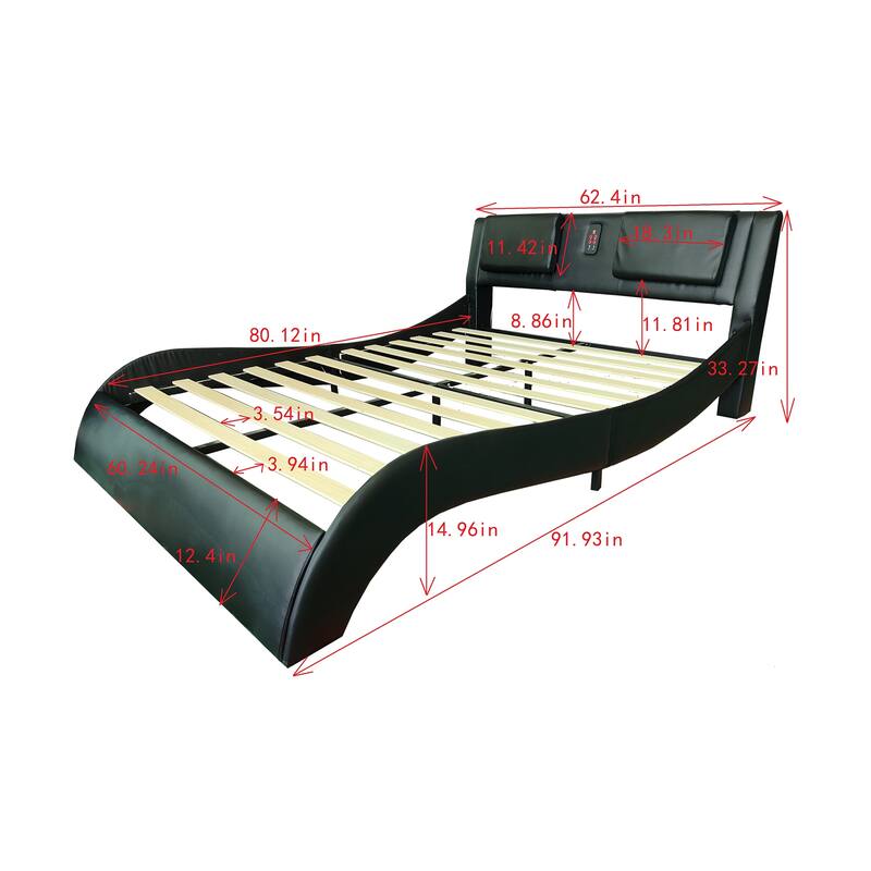 Queen Size Faux Leather Upholstered Platform Bed with led lighting