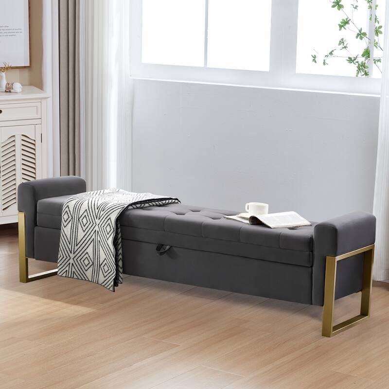 66" Storage Bench for Bedroom End of Bed with Double Lids and Gold Legs