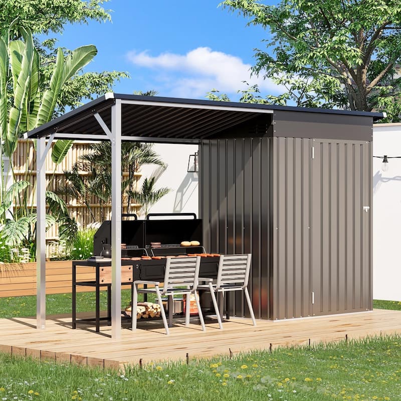 AECOJOY Outdoor Open-Sided Storage Shed Tool Shed Attached Hardtop Metal Pergola Gazebo