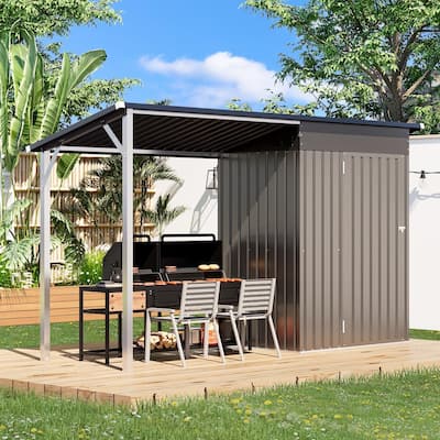 AECOJOY Outdoor Open-Sided Storage Shed Tool Shed Attached Hardtop Metal Pergola Gazebo