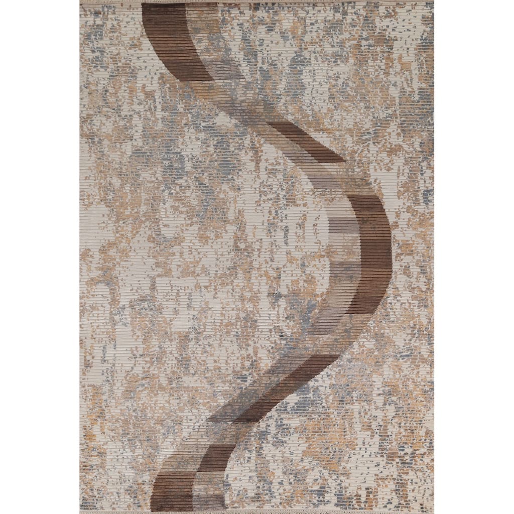 Striped Beige Abstract Oriental Area Rug Handmade Wool Carpet - 6'6"x 9'1"