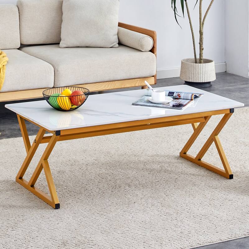 A modern minimalist style marble patterned coffee table with golden metal legs Computer desk Game table Tea table - White+Gold