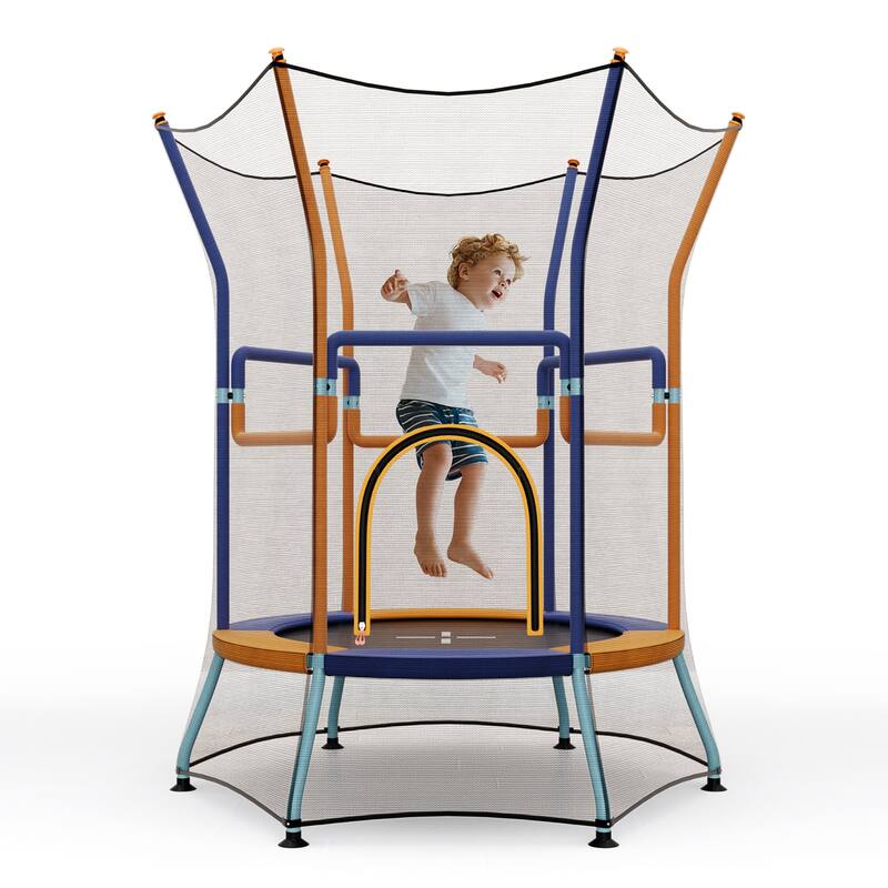 Gymax Kids Mini Trampoline w/ 59'' Higher Enclosure Net Seamless - Orange - Kids