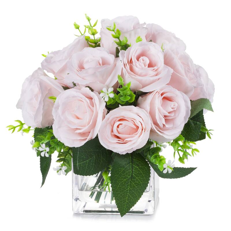 Enova Home Artificial 18 Heads Silk Roses Fake Flowers Arrangement in Clear Glass Vase with Faux Water for Home Office Decor - Pink