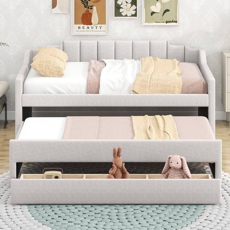 Twin Size Upholstered Daybed with Trundle and Three Drawers in Beige