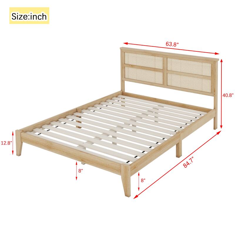 Natural Queen Size Wooden Platform Bed with Rattan Headboard