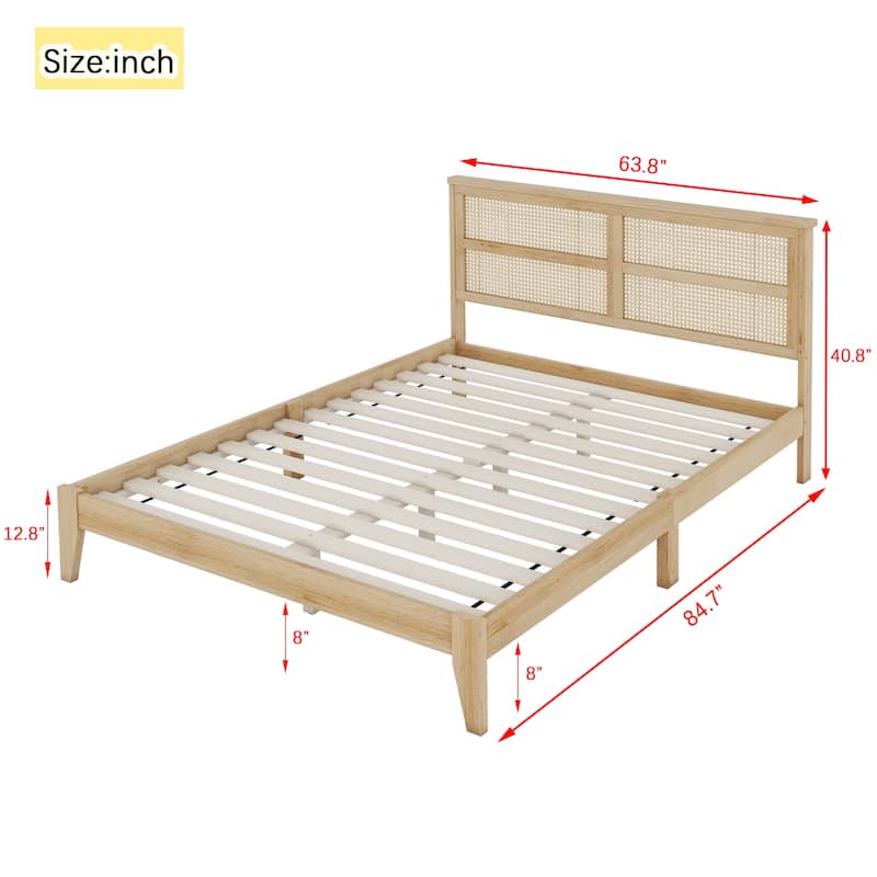 Queen Size Solid Rubber Wood Bed with Rattan Headboard, Durable Frame with Central Support Feet and Under-Bed Storage