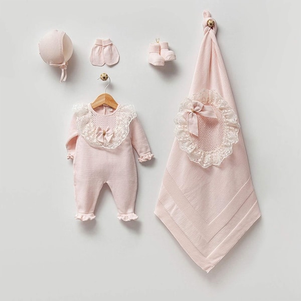 slide 2 of 8, Newborn Knitwear Homecoming Set with Lace and Ribbon Ornaments - 5 Piece Pink