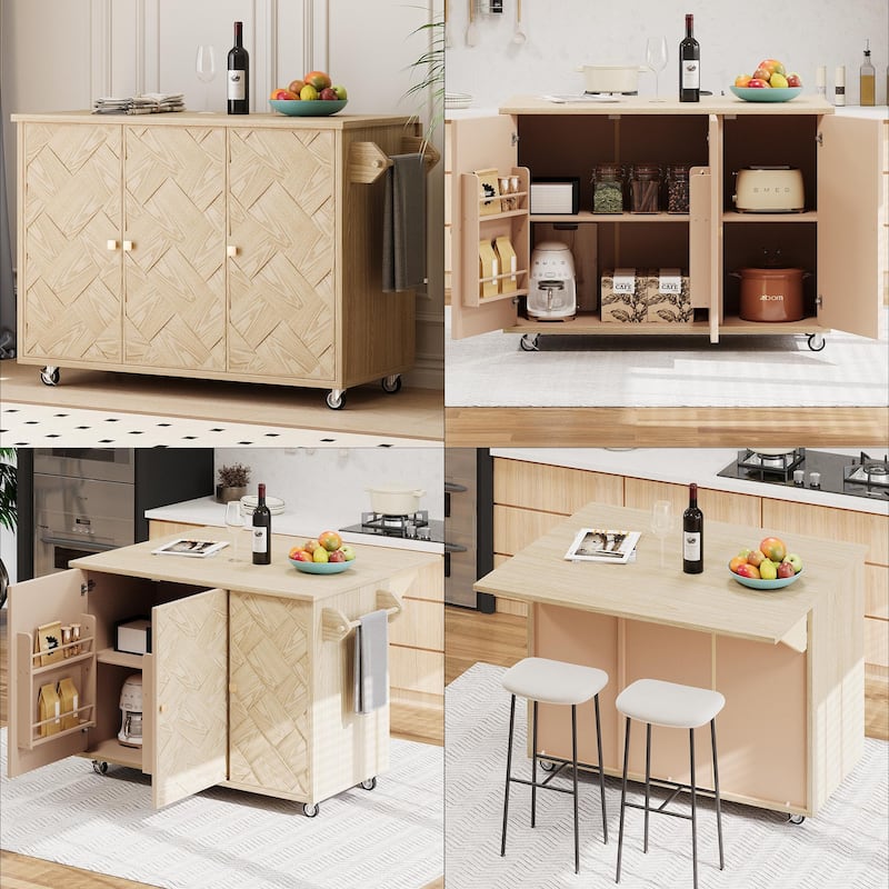Modern 51.2" Kitchen Island with Drop Leaf and Handwoven Ash Veneer Doors, Internal Storage Racks on Wheels