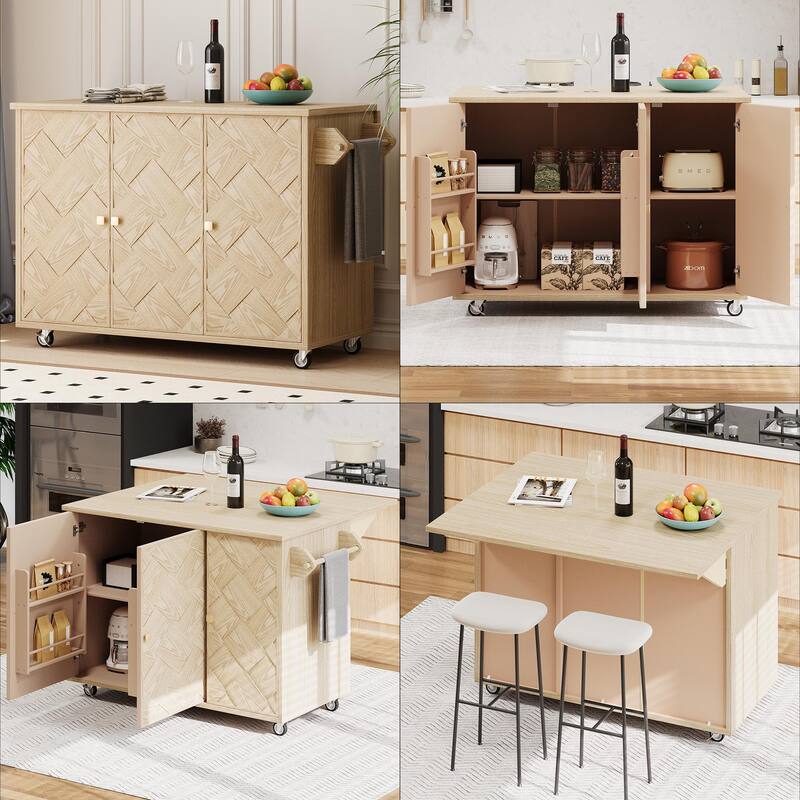 Solid Wood Rolling Storage Cabinet, Handwoven Kitchen Island with Folding Board and Internal Storage Rack for Dinning Room