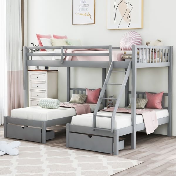 slide 2 of 13, Full Over Twin & Twin Bunk Bed with Drawers and Guardrails - Wood Triple Bunk Bed Grey