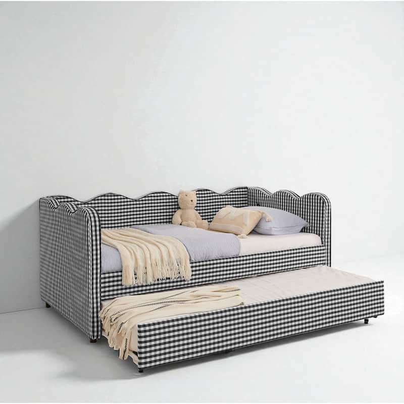 Twin Size Gingham Daybed with Trundle, USB Port, Wave Design, No Box Spring Needed, Linen Upholstered Sofa Bed