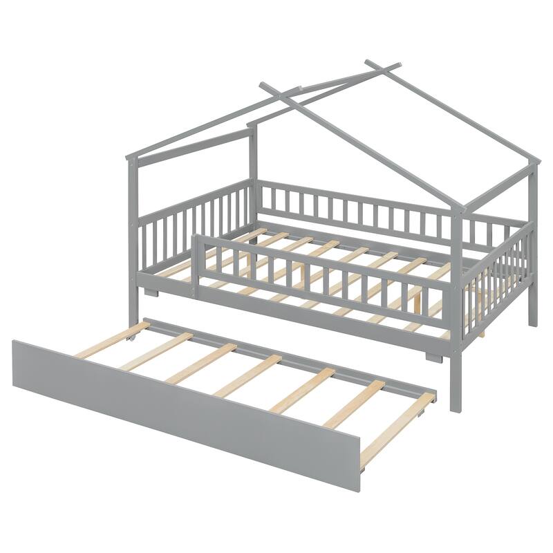 Full Size Wooden House Bed with Twin Size Trundle