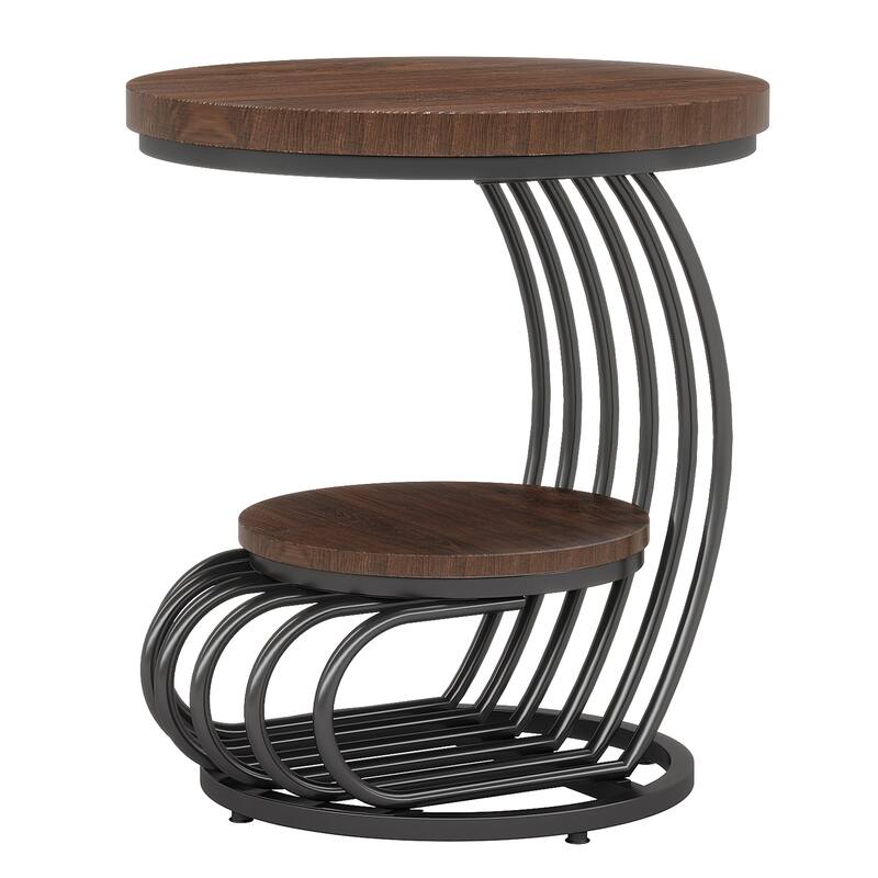19.68" Modern Round End Table with 2-Tier Storage - Small Modern Side Table or Bedside Nightstand with Metal Arc Frame