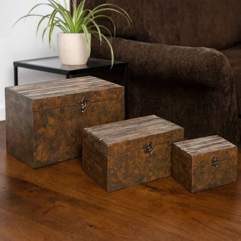 Wooden Lift Top Storage Box with Grain Details, Set of 3, Brown