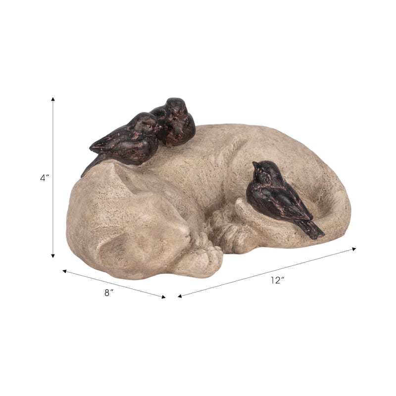 Sagebrook Home 12-inch White/Brown Sleeping Kitty With Birds - Polyresin and Metal Garden Statuary for Decor