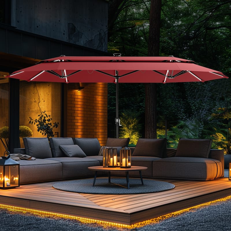 MAISON ARTS 13ft Double-Sided Outdoor Umbrella, 2-Tier Vented Market Umbrella with Colored Lights and Base - Red-Lights