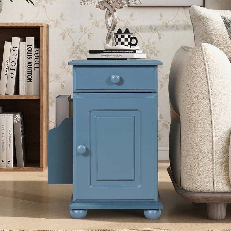 Vintage Side Table Flip Top with Flip Top,USB Ports,Multifunctional Drawer,Bookshelf for Living Room - Navy Blue