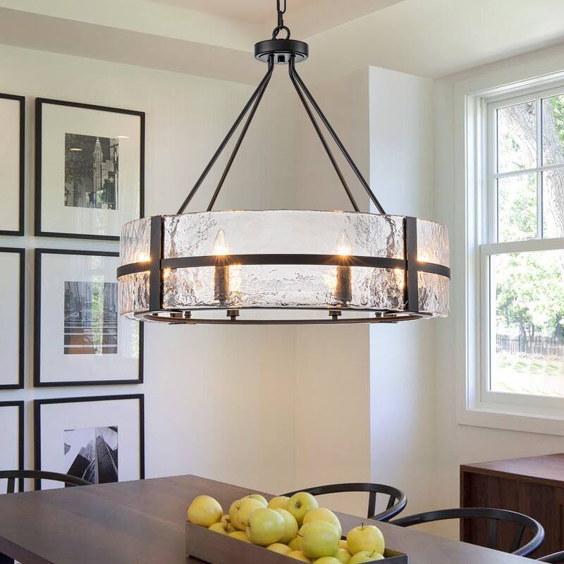 Dimmable Large Drum Glass Chandelier for Dining Room High Ceiling Living Room - Black - W27.95"