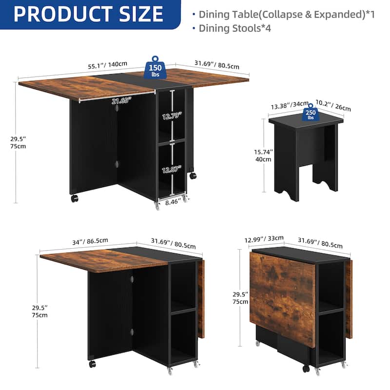 Moasis 5 Pieces 7 Pieces Folding Dining Set with Drop Leaf Table and Storage Stools for up to 6 People