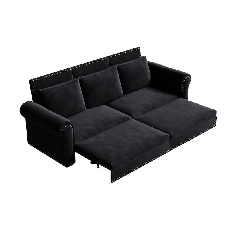 93.7" King Pull Out Sofa Bed w/ Nailhead Trim & Rolled Arm for Living Room Bedroom - Black