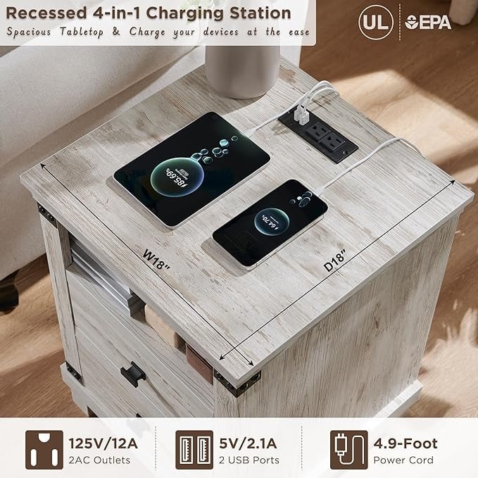 18" Farmhouse Nightstand with Charging Station, Night Stand, End Table