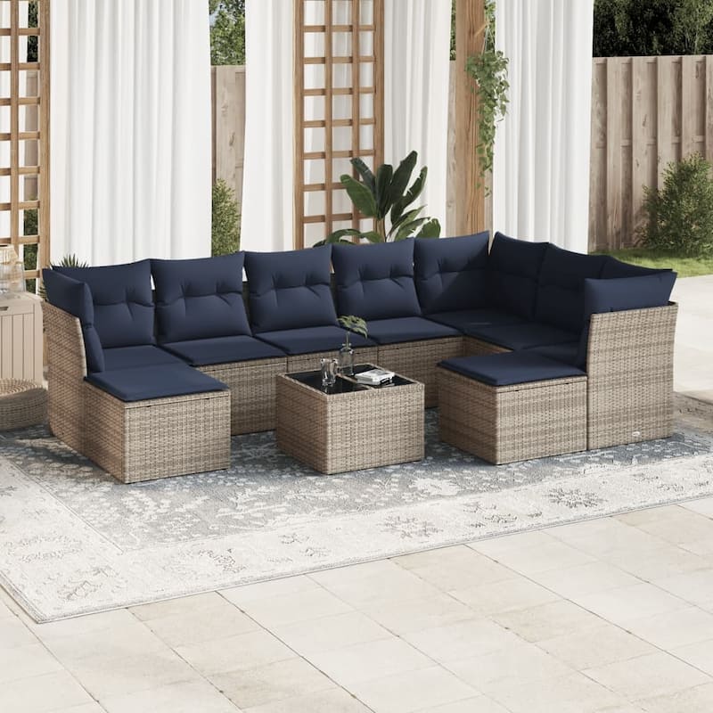 vidaXL Patio Sofa Set with Cushions Outdoor Conversation Furniture Poly Rattan - 21.7" x 24.4" x 27.2" - Beige and gray with table