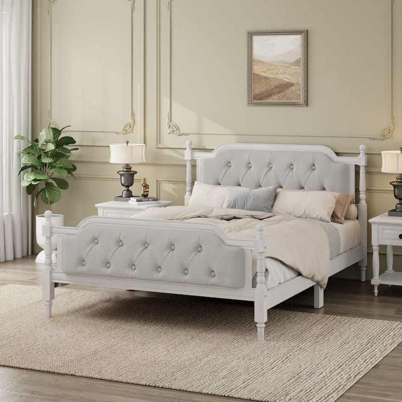 Wood Bed Frame with Button Tufted Headboard and Footboard, Upholstered Bed Four Poster Bed, No Box Spring Needed