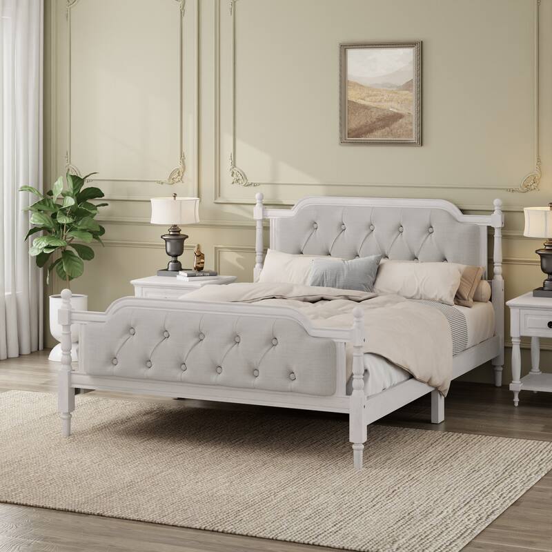 Wooden Platform Bed with Tufted Upholstered Headboard Footboard, No Box Spring Needed, Wood Slat Support Low Profile Bed