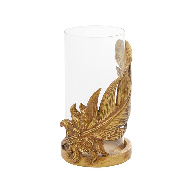 Glass Bird Feather Pillar Hurricane Lamp - Gold - Roche River Decor