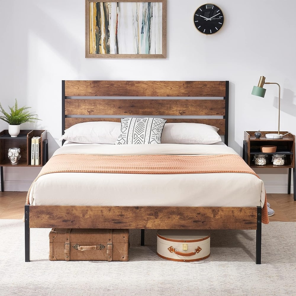 Twin Size Metal Platform Bed Frame with Headboard and and Footboard, No Box Spring Needed Sturdy Wooden Slats Support