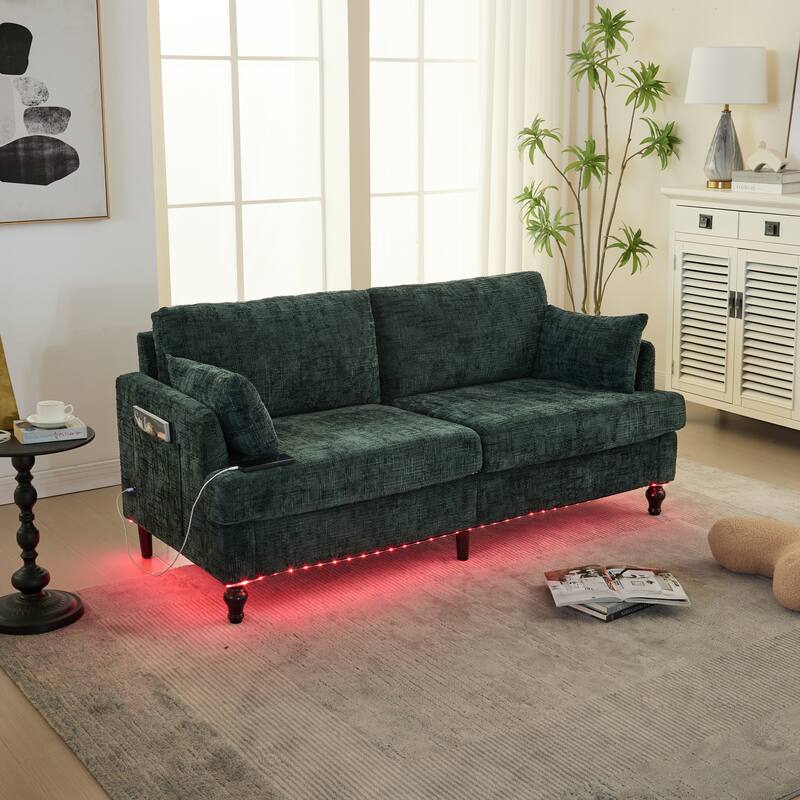 Modern Style Chenille 2-Seater Wood-Legged Sofa With Led Light,USB Charging Port And Storage Bag Living Room Bedroom Study Room