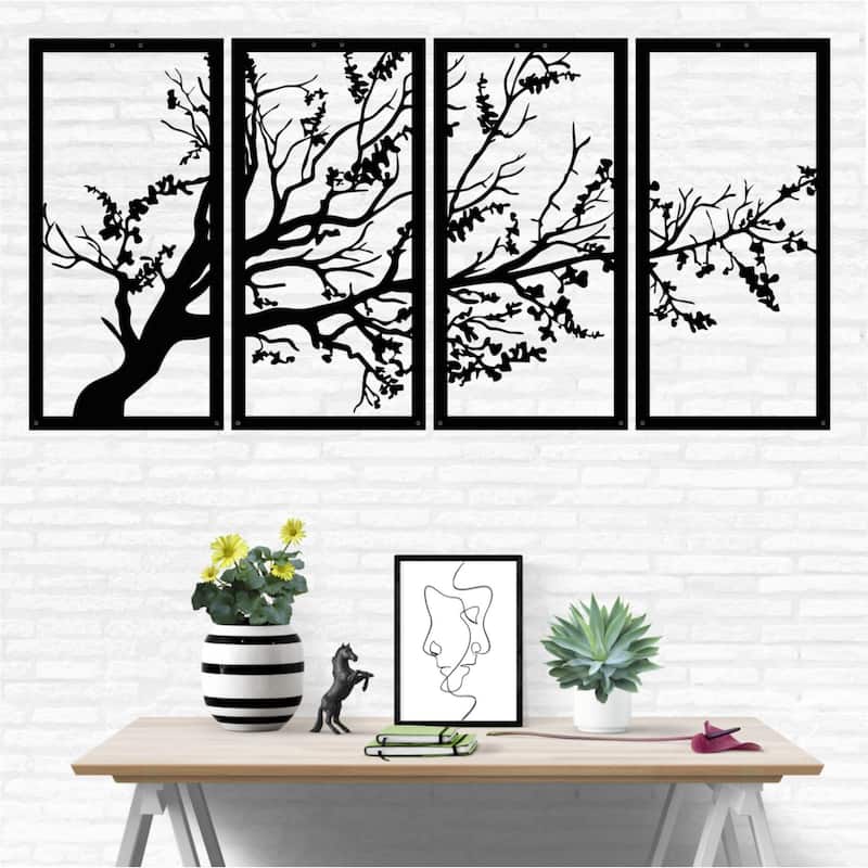 Tree of Life 4 Panels Metal Wall Decor for Home and Outside - Wall-Mounted Geometric Wall Art Decor - 69X35