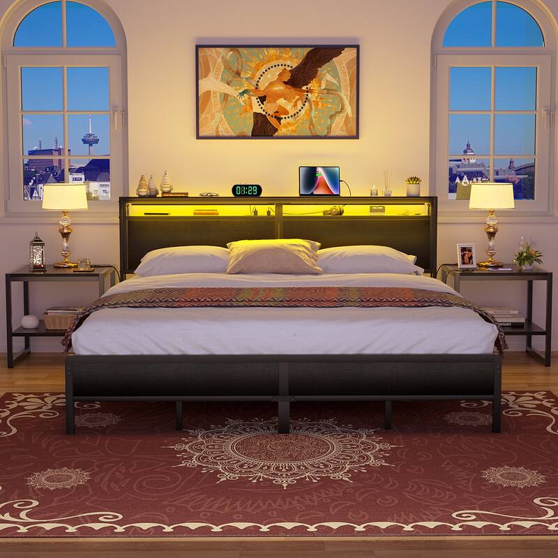 Farmhouse Wood Platform Bed Frame with Charged Station and LED Lights
