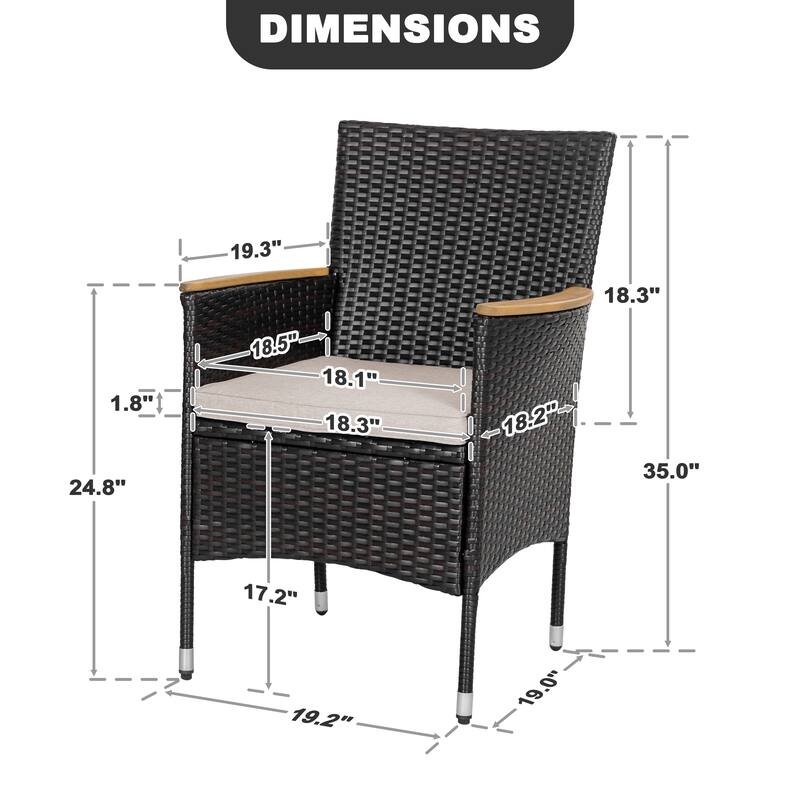 All Weather Wicker Patio Chairs Set of 2 with Cushions, Acacia Armrests
