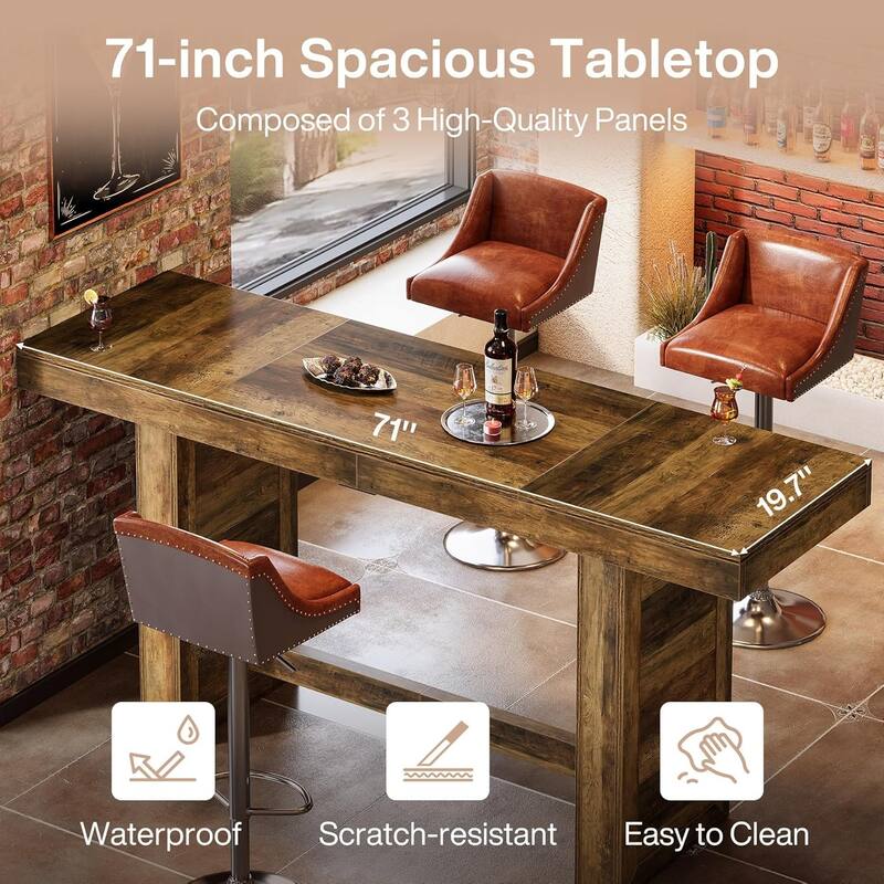70.9" Extra Long Farmhouse Bar Table, Rectangular Pub Table with Footrest - 70.87" W x 19.69" D x 37.40" H
