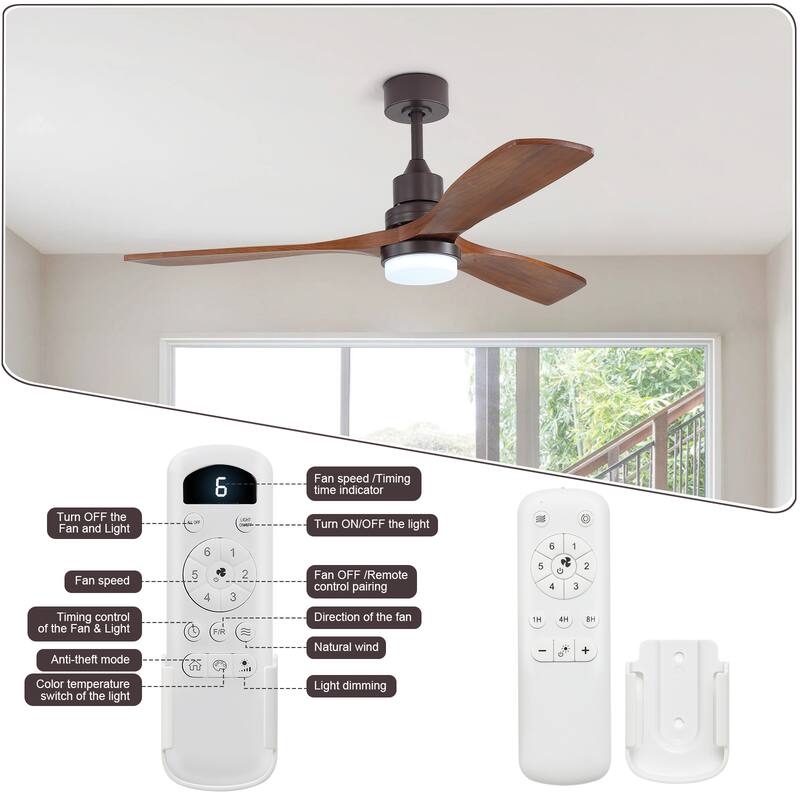 Sofucor 42“/52"/60"/48" Noiseless Walnut Wood Ceiling Fan with Remote Control, Integrated Light Optional