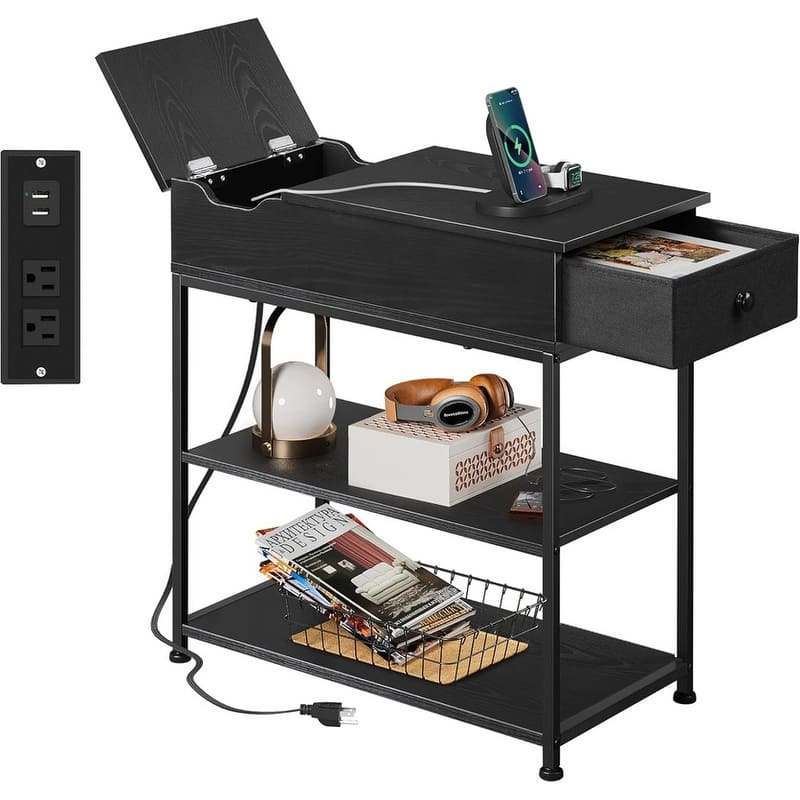 Side Table with Charging Station, End Table for Living Room