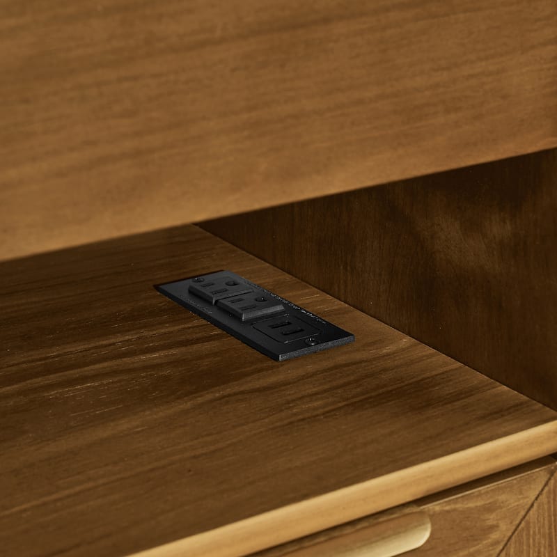 Mid-Century Modern Nightstand with USB Charging Station‌ - End Table Featuring 2 Drawers, Open Shelf & Glass-Front Cabinet