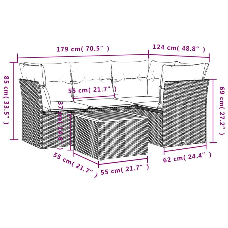 vidaXL 5 Piece Patio Sofa Set with Cushions Black Poly Rattan - 70.5x33.5x24.4