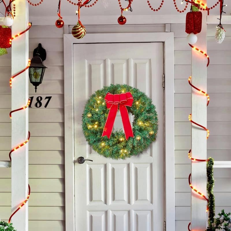 19" Christmas Wreath with LED Lights with Ribbon, 3 Pcs Christmas Wreaths for Front Door