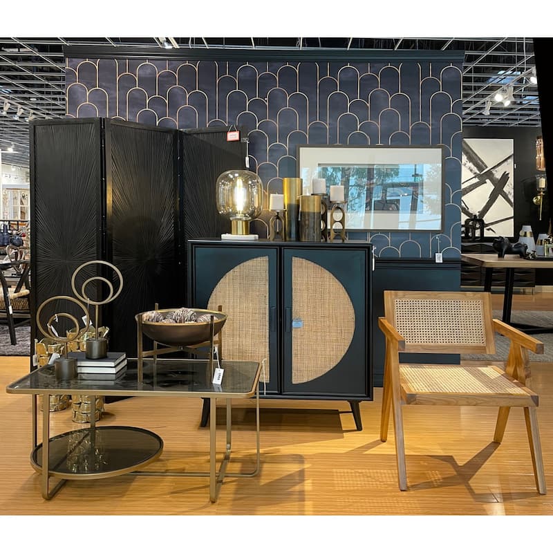 Wood Geometric Square 2 Door Cabinet with Circular Cane Accent - Black - Roche River Decor - 16"W x 36"L x 43"H