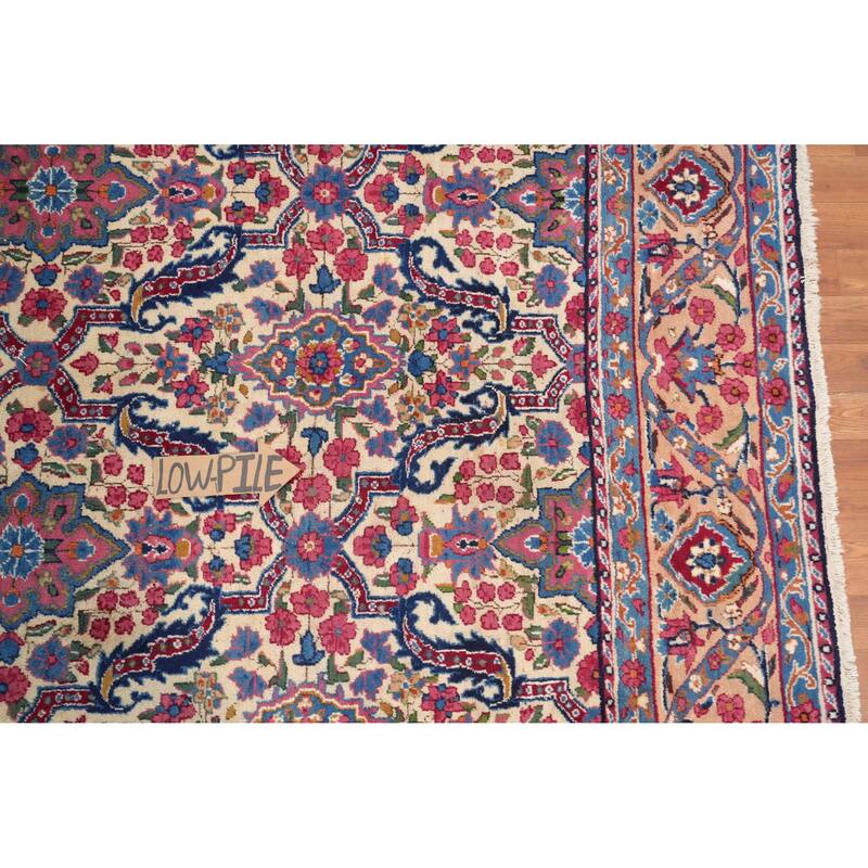 Hand Knotted Oriental 100% Wool Carpet Traditional Floral Beige & Ivories Kerman Area Rug - 11' 5'' X 8' 1''