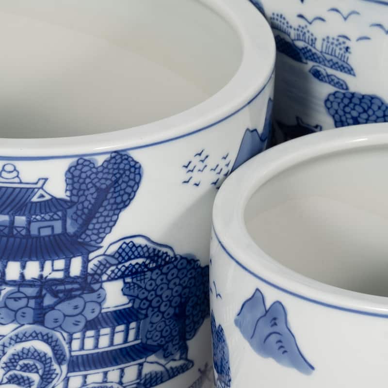 Set of 3 Ceramic Planters Contemporary Vintage Style Blue and White Planters with Chinoiserie Style Design for Home or