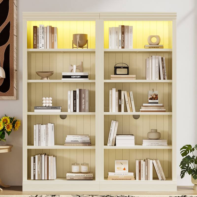 Wood Bookshelves Set of 2, 83" 5-Tier Open Bookcases with LED Light Bar, Modern Floor Storage Cabinet with Adjustable Shelves - Beige+Cream,Beige+yellow